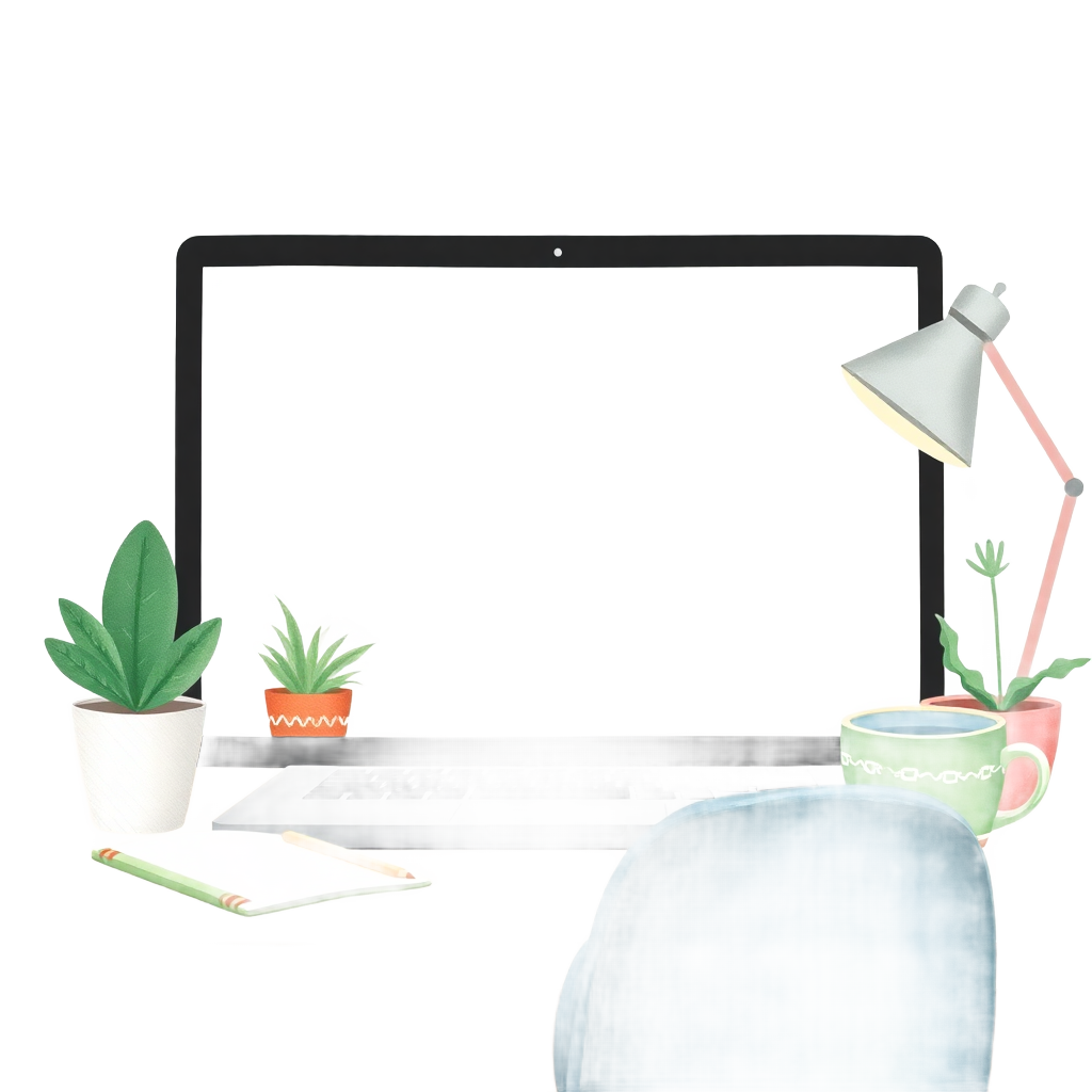 Watercolor illustration of a workspace with a laptop, plants, and a coffee cup, in sage green and dusty blue tones