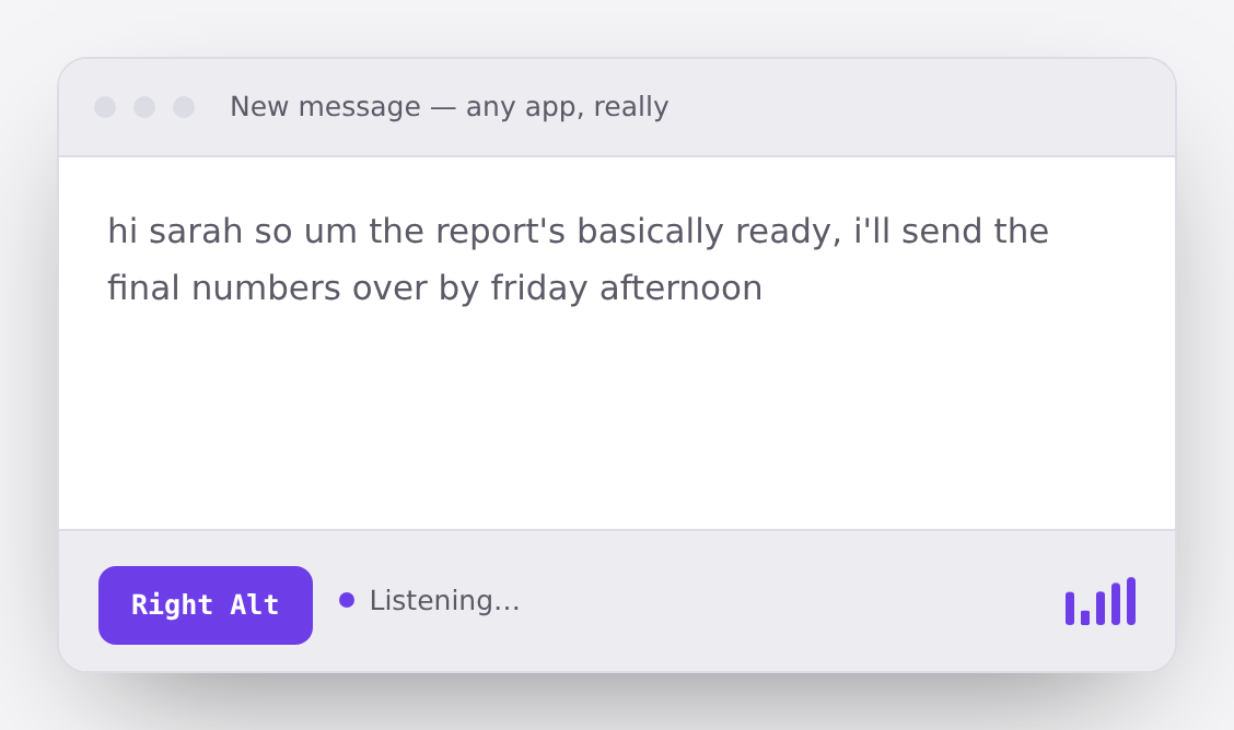 A message window with the raw dictated sentence “hi sarah so um the report’s basically ready”, a Right Alt key badge, and the status “Listening…”.