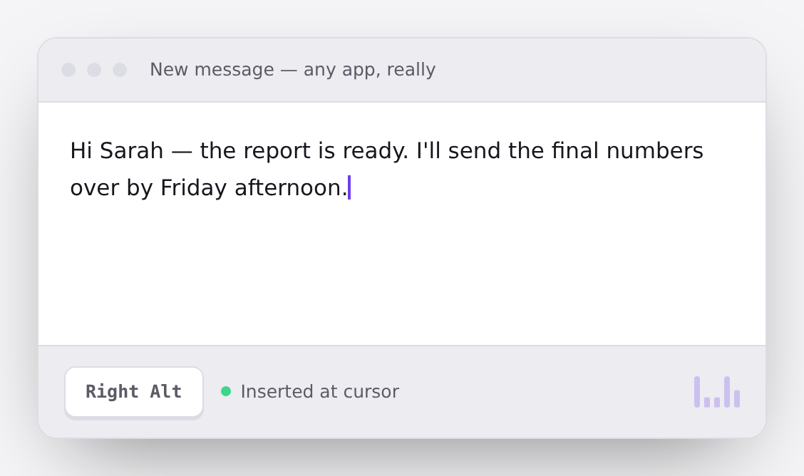 The same message window with the cleaned-up sentence “Hi Sarah — the report is ready. I’ll send the final numbers over by Friday afternoon.” and the status “Inserted at cursor”.